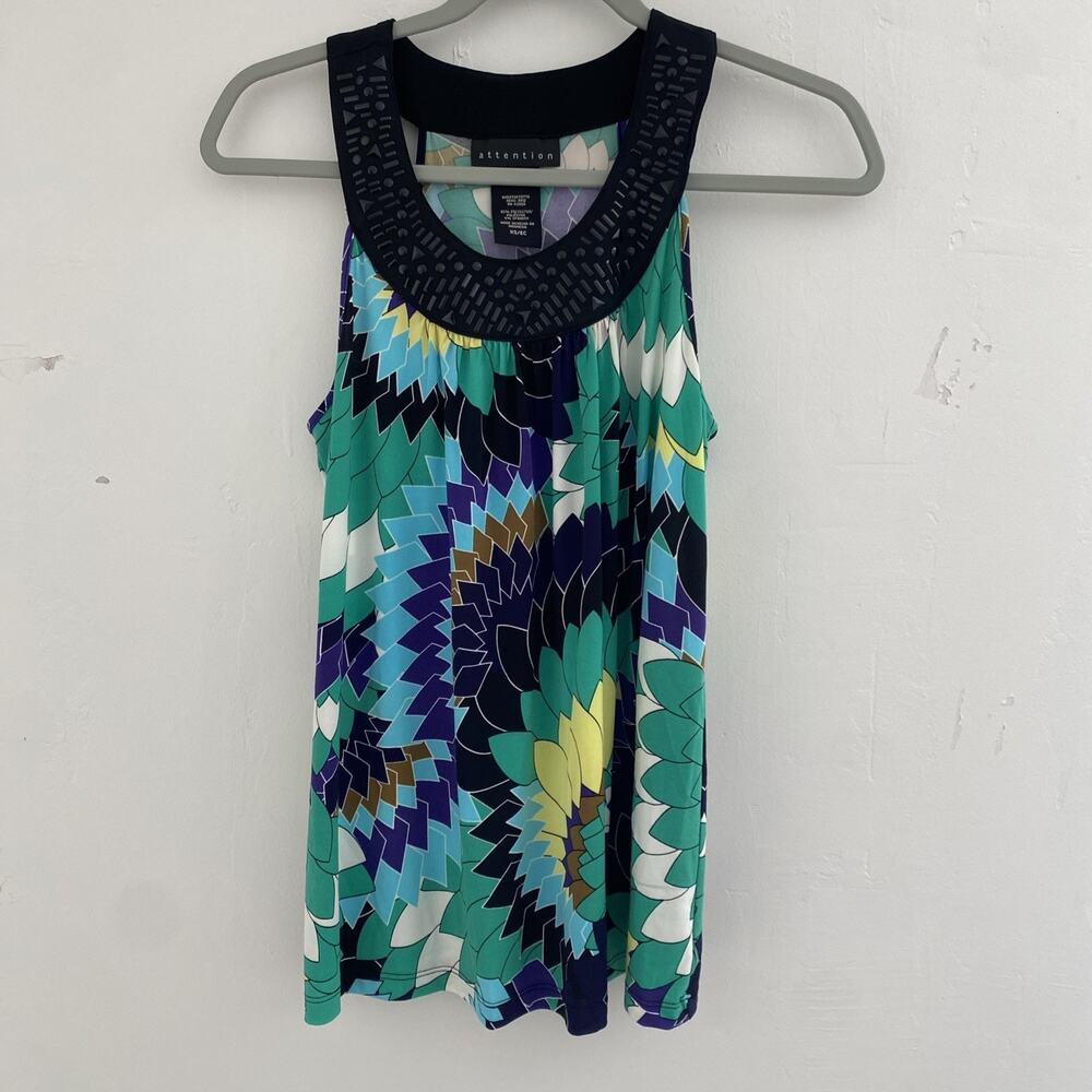Attention Top Womens XS Colorful Print Embellished Halter Tank Blouse Festival